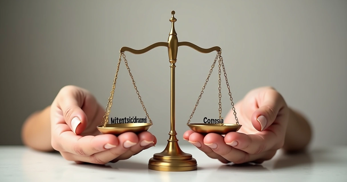 Mãos segurando uma balança equilibrada representando autenticidade e cortesia