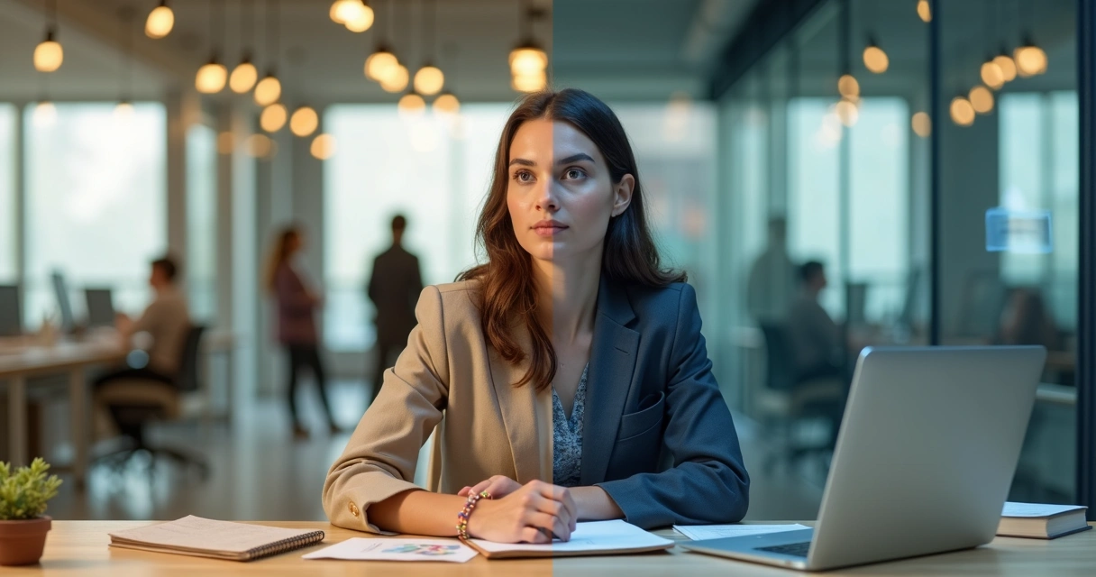 Profissional em escritório moderno dividido entre autenticidade e adaptação 