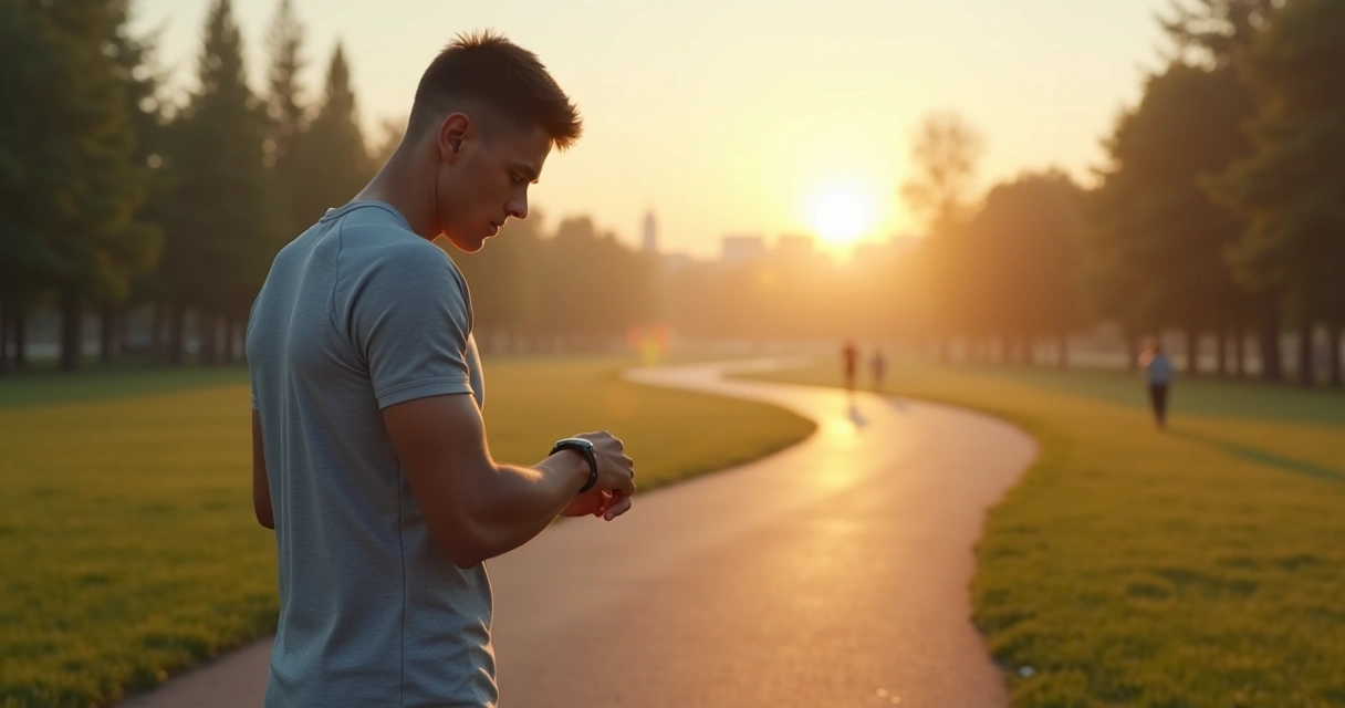 Pessoa ajustando relógio de corrida em parque ao amanhecer com postura tranquila 