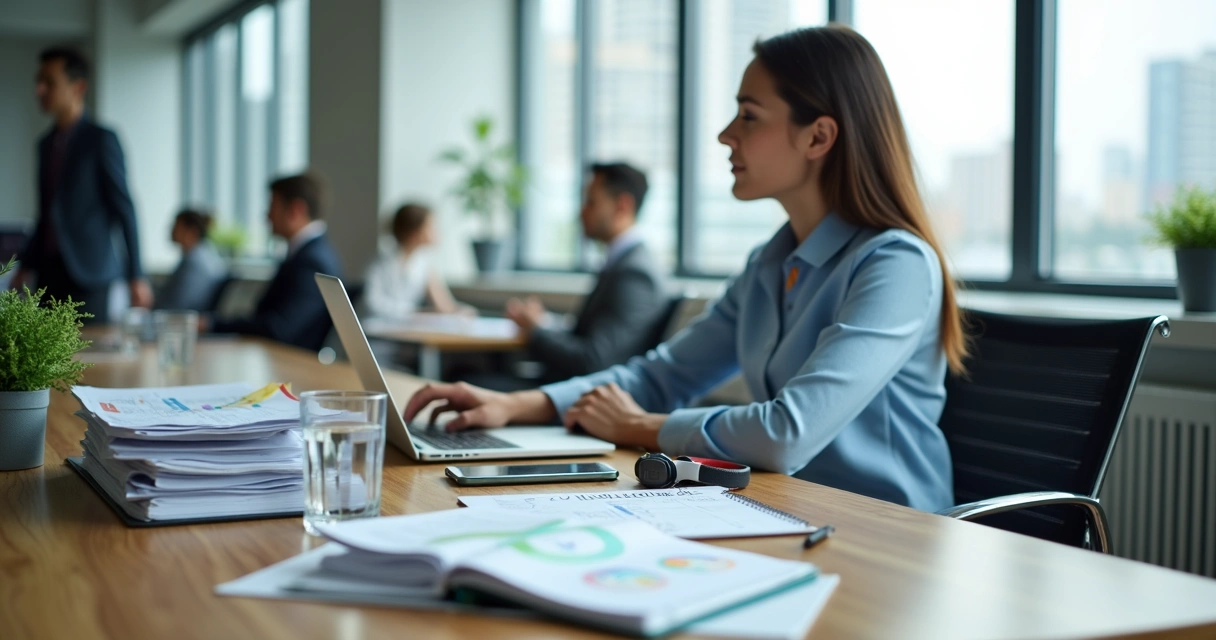 Profesional en oficina equilibrando trabajo y bienestar con expresión serena 
