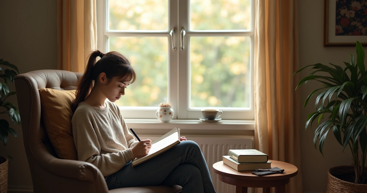 Persona sentada en calma junto a una ventana luminosa, escribiendo en un cuaderno 