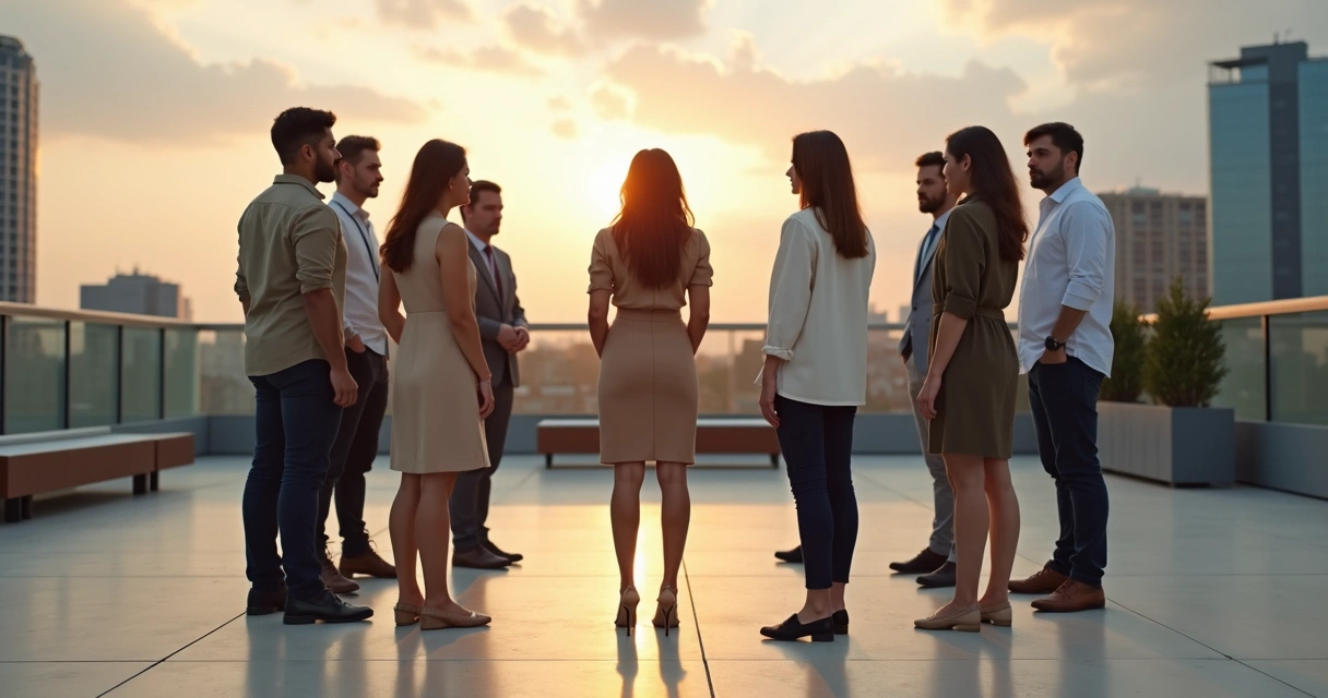 Profissionais em rooftop formando círculo com espaço vazio central 