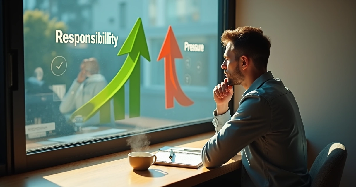 Pessoa refletindo diante de duas setas opostas representando equilíbrio entre autorresponsabilidade e autocobrança 