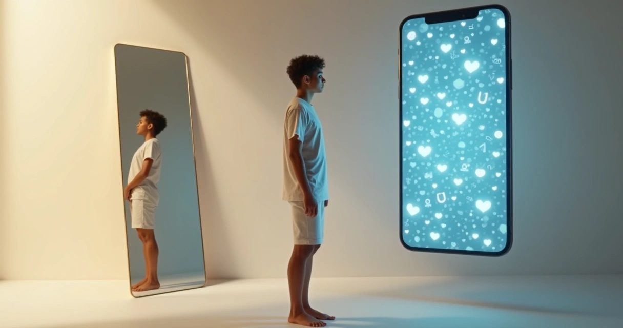 Pessoa em pé diante de espelho e tela de celular com ícones de curtidas em contraste 
