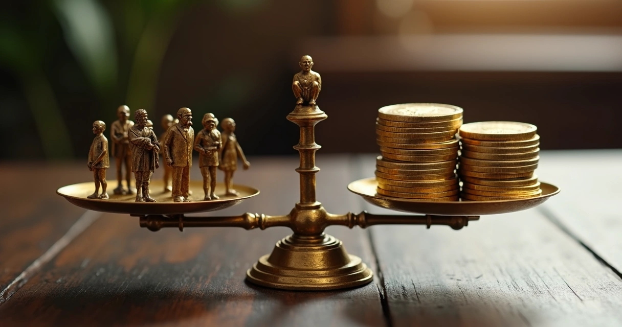 Balança com pessoas de um lado e moedas do outro, equilibradas