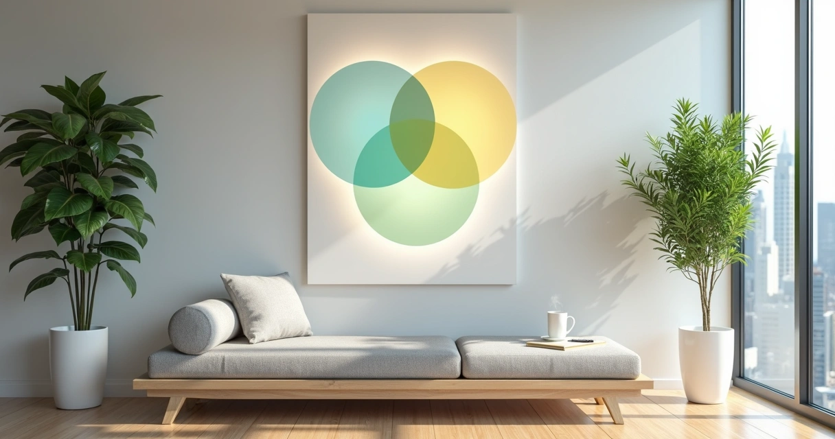 Quatro círculos coloridos simbolizando equilíbrio entre bem-estar e performance 