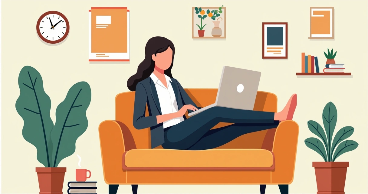 Profissional equilibrando tarefas e lazer em escritório moderno equipado com sofá e plantas. 