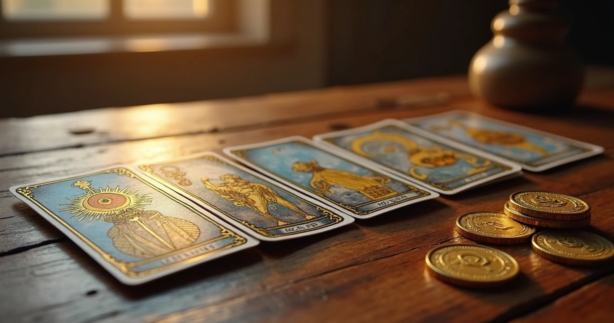 Cartas de tarot dispostas sobre uma mesa de madeira com luz suave e moedas douradas ao lado. 