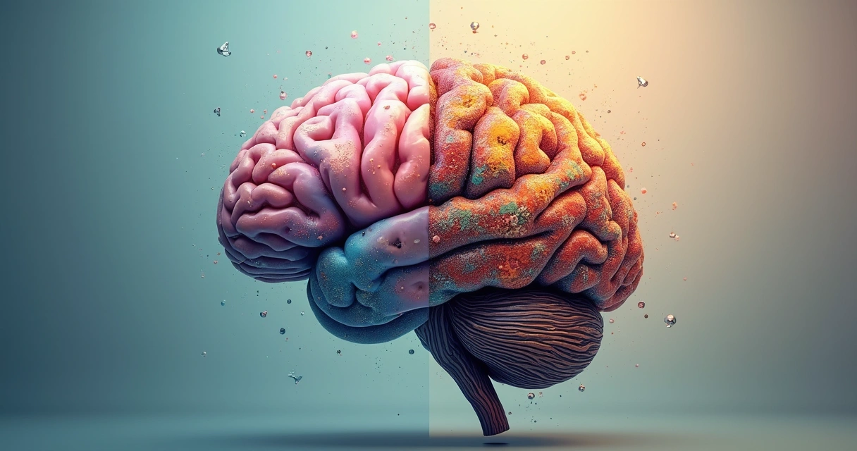 Cérebro humano artisticamente dividido, com lado direito mostrando cores e imagens e lado esquerdo símbolos e palavras. 