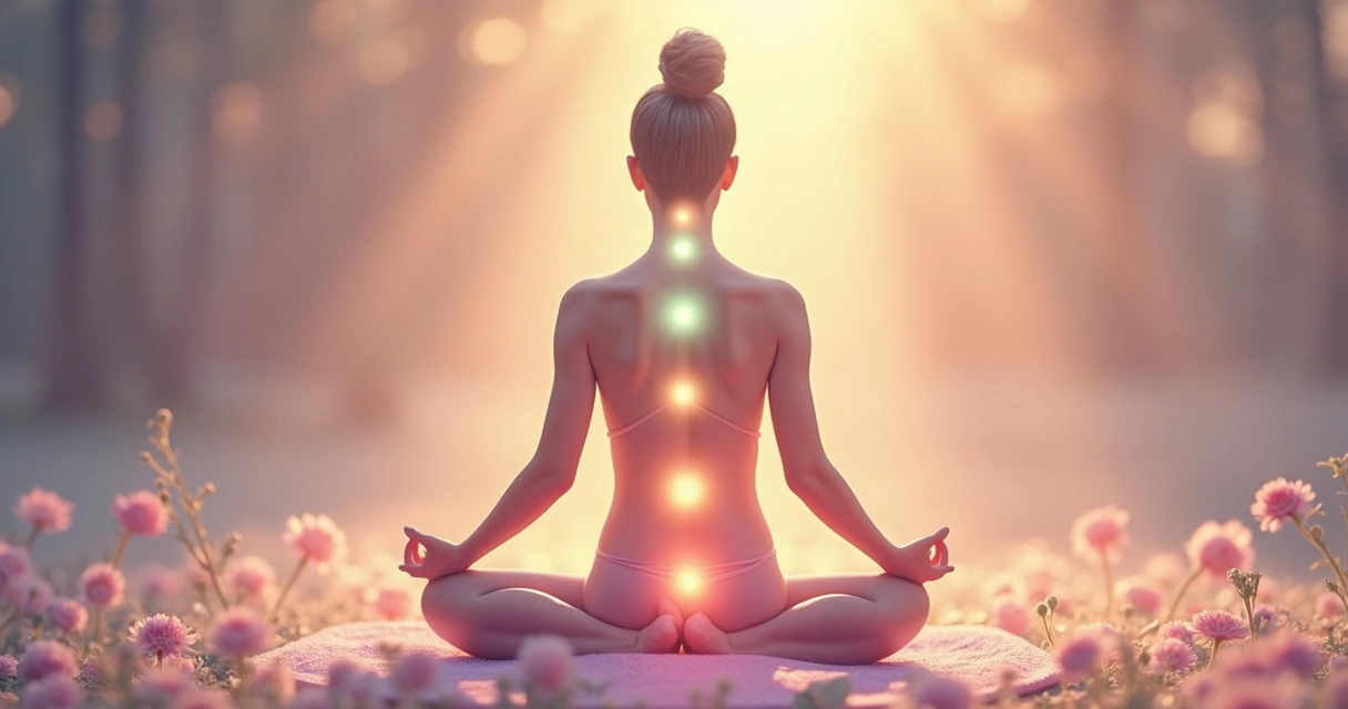Chakras alinhados em corpo feminino sentado em posição de lótus, fundo delicado