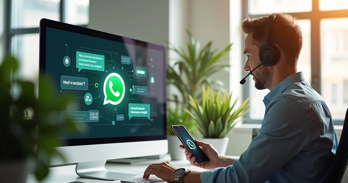 Computador mostrando chatbot e agente humano atendendo clientes no WhatsApp em ambiente moderno de escritório 