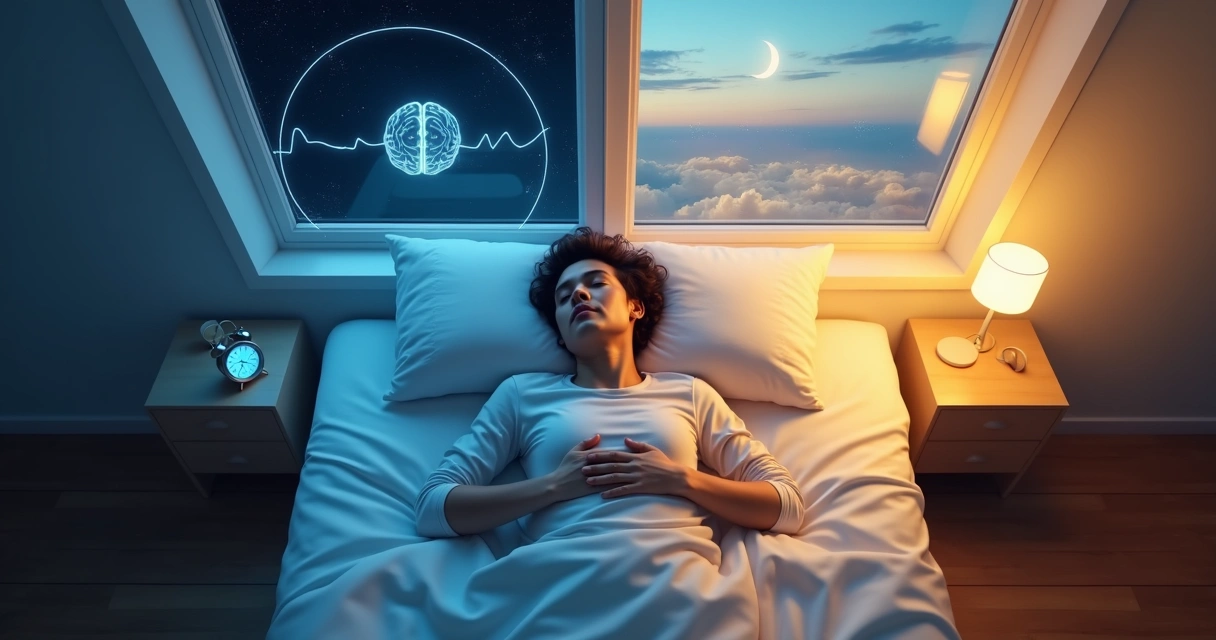 Profissional deitado em cama com metade noite e metade dia ao redor dele 