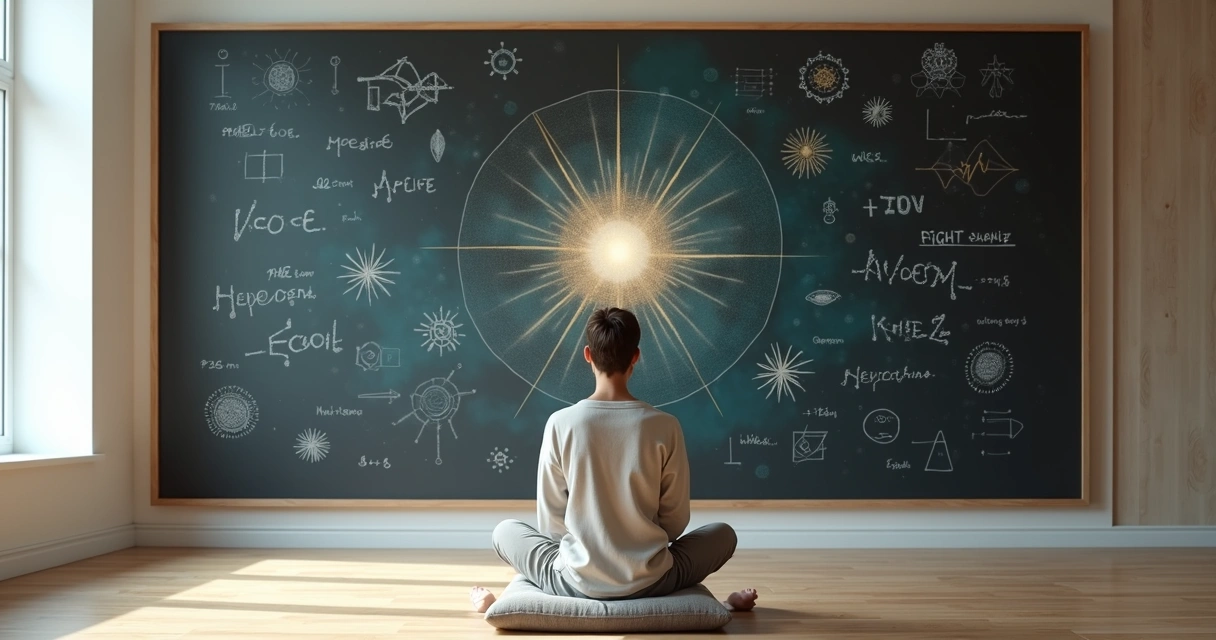 Pessoa meditando diante de quadro-negro com fórmulas científicas e símbolos de luz 