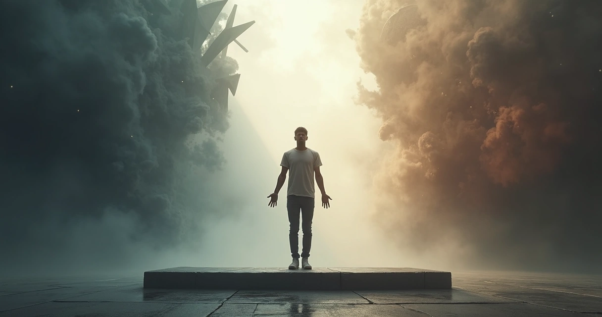 Pessoa em posição de equilíbrio em meio a formas abstratas em contraste de luz e sombra 