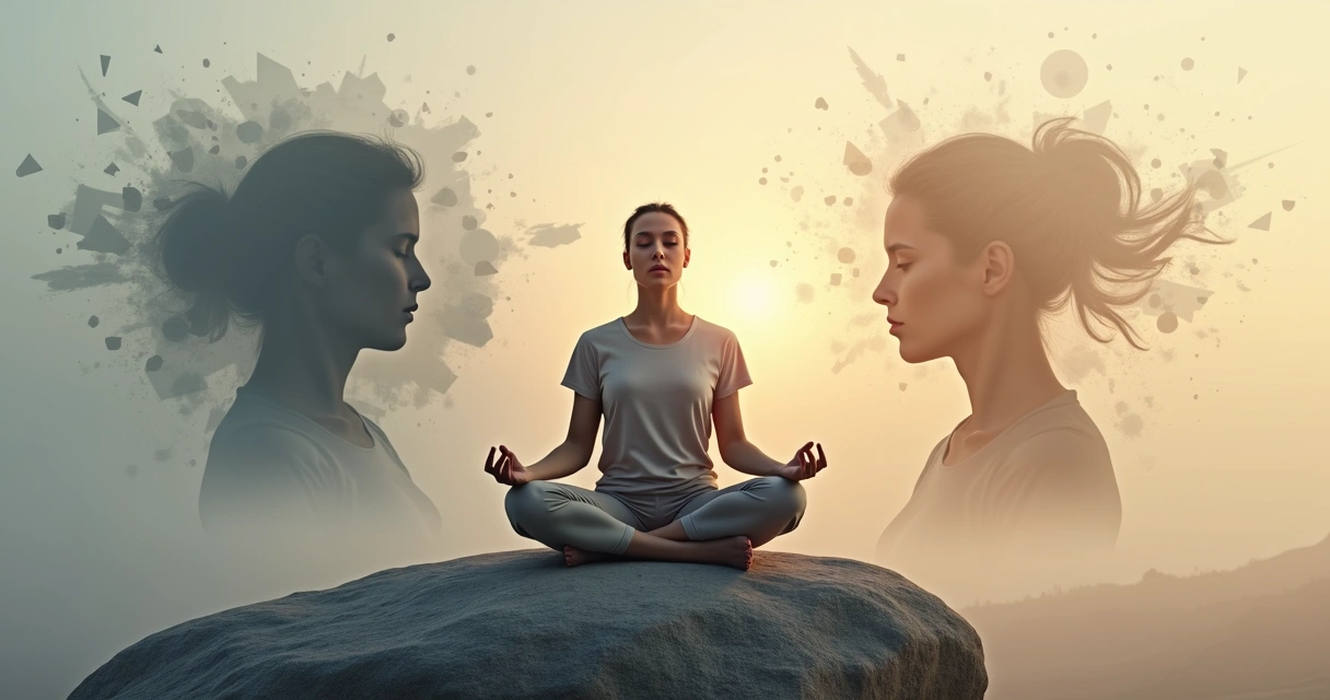 Pessoa sentada meditando em equilíbrio em meio a formas abstratas em conflito 