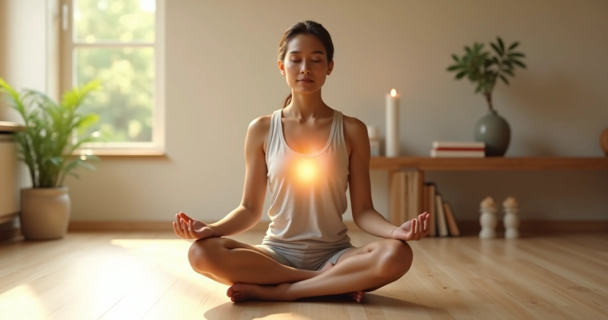 Pessoa em posição de meditação com luz suave representando equilíbrio emocional 