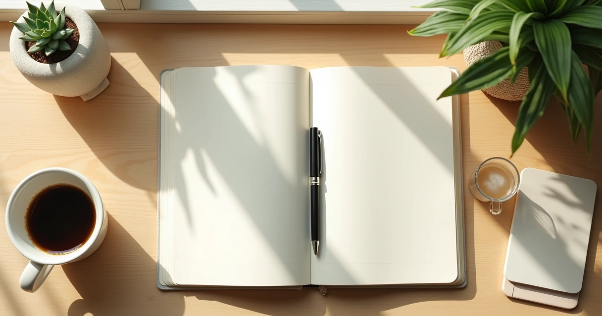 Cuaderno abierto, café y ventana con luz suave