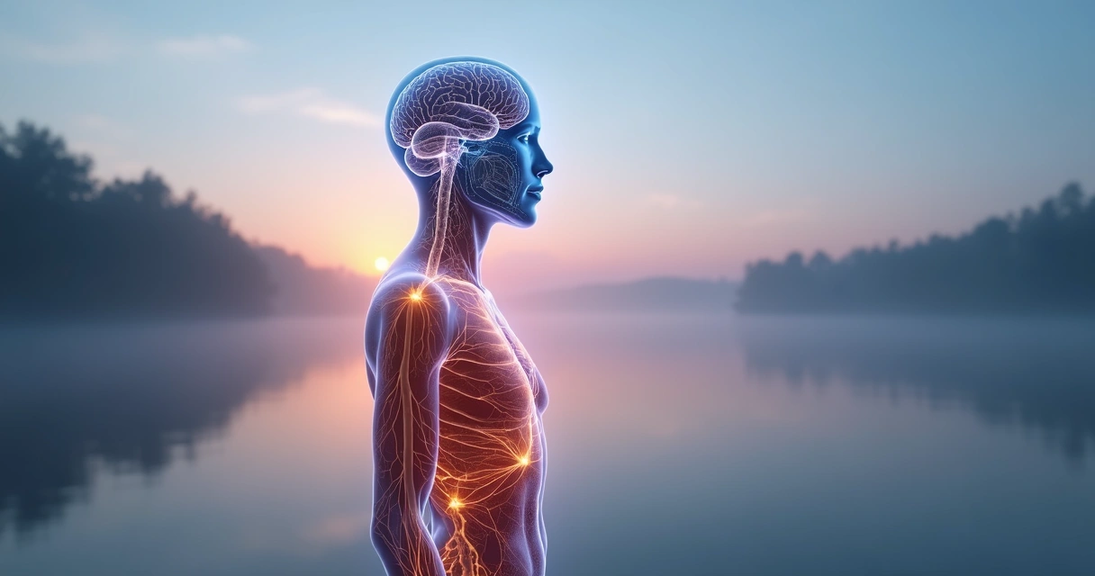 Figura humana de perfil con silueta del cuerpo y del cerebro iluminados en equilibrio 