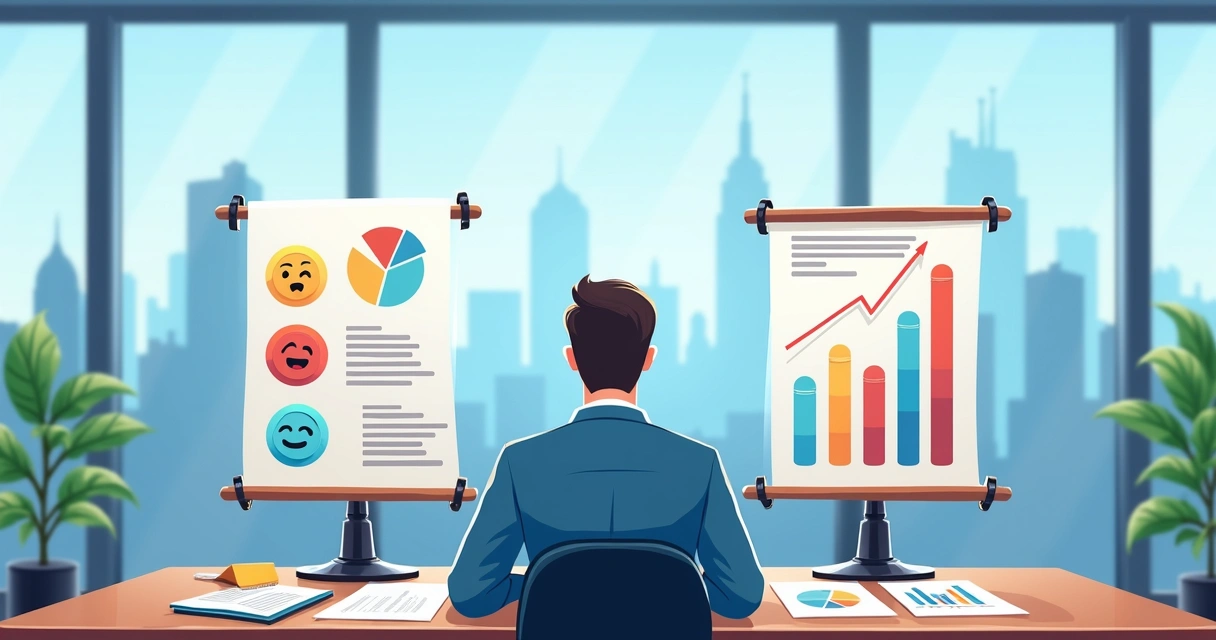 Gestor equilibrando gráficos e símbolos de emoção