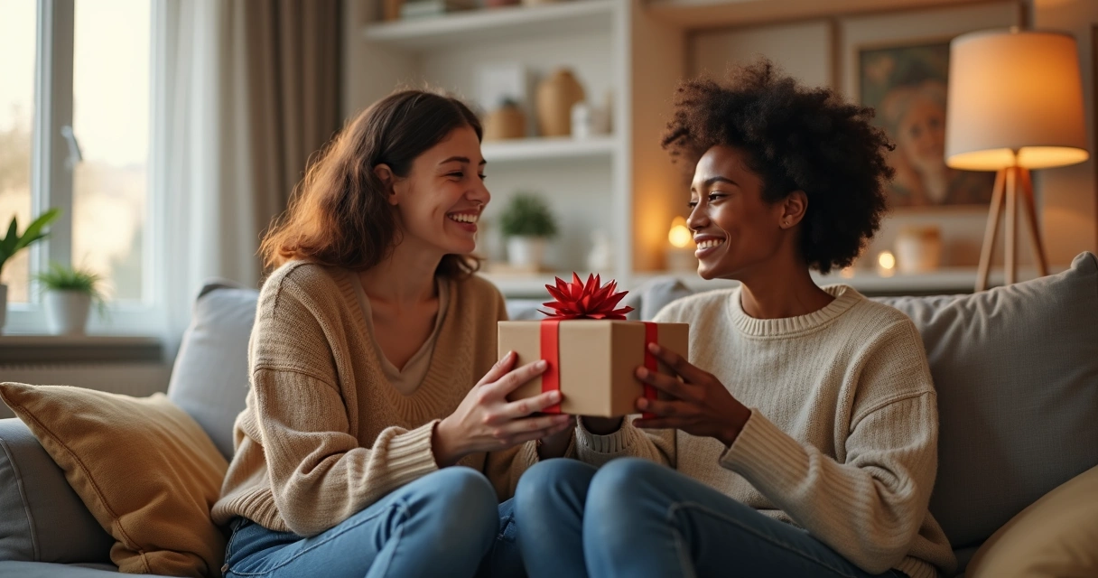 Dois amigos trocando presentes e sorrisos em uma sala iluminada 