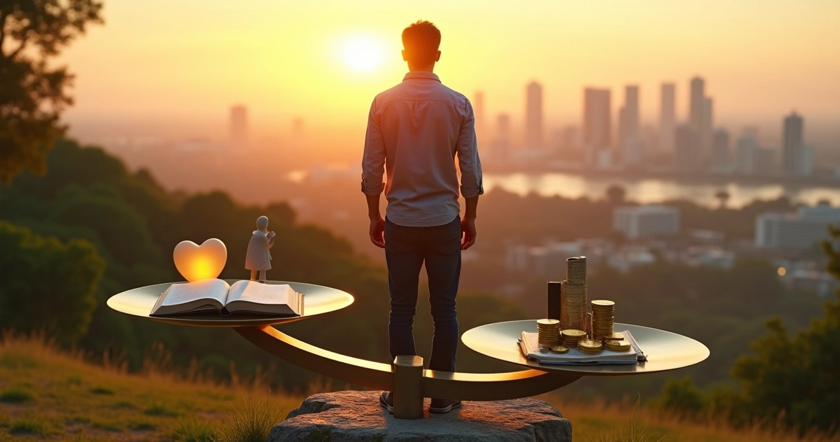 Pessoa em pé diante de balança equilibrando desenvolvimento humano e riqueza material 