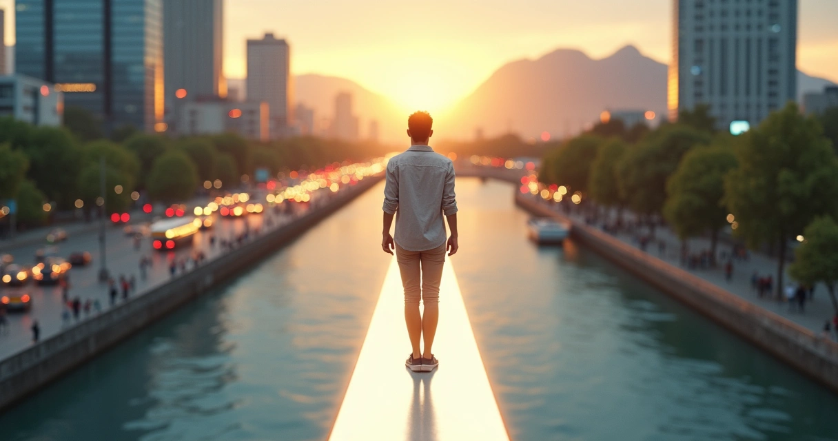 Pessoa em pé na linha entre cidade e natureza simbolizando equilíbrio entre eu interior e sociedade 