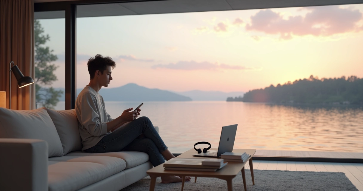 Pessoa em sala minimalista olhando para celular em equilíbrio com paisagem natural ao fundo 