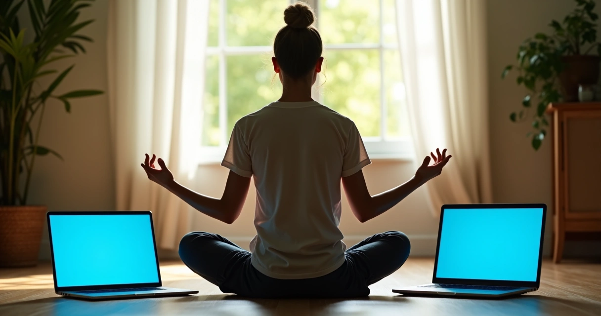Persona meditando frente a dispositivos digitales 