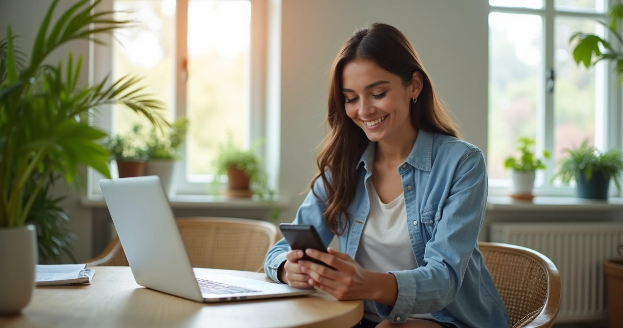 Psicóloga contemplando o celular desligado e sorrindo 