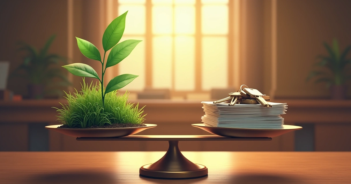 Balança de justiça com planta crescendo de um lado e papel representando direitos individuais do outro. 