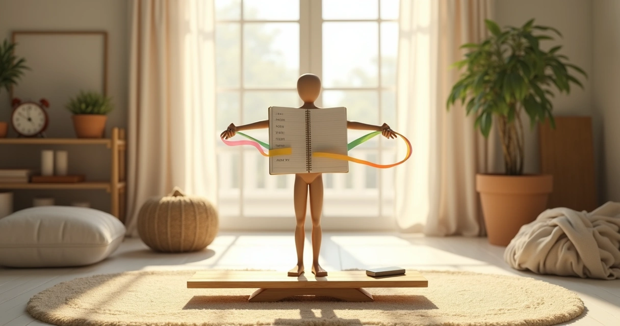 Pessoa em sala minimalista equilibrando livro e fita de ginástica em prancha de madeira 
