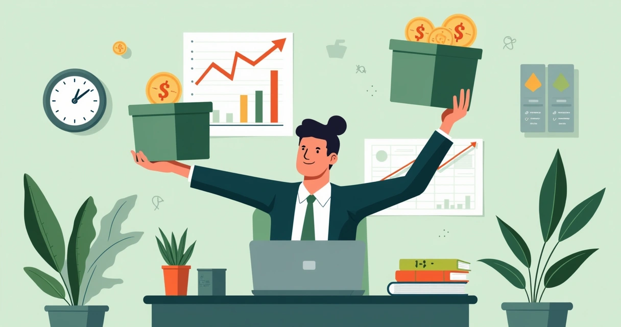 Empresário equilibrando caixas representando diferentes fontes de recursos 