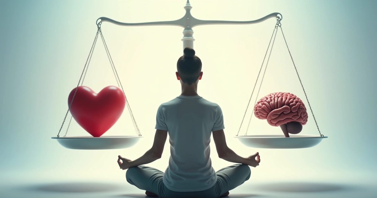 Pessoa meditando com balança entre emoção e razão ao fundo. 