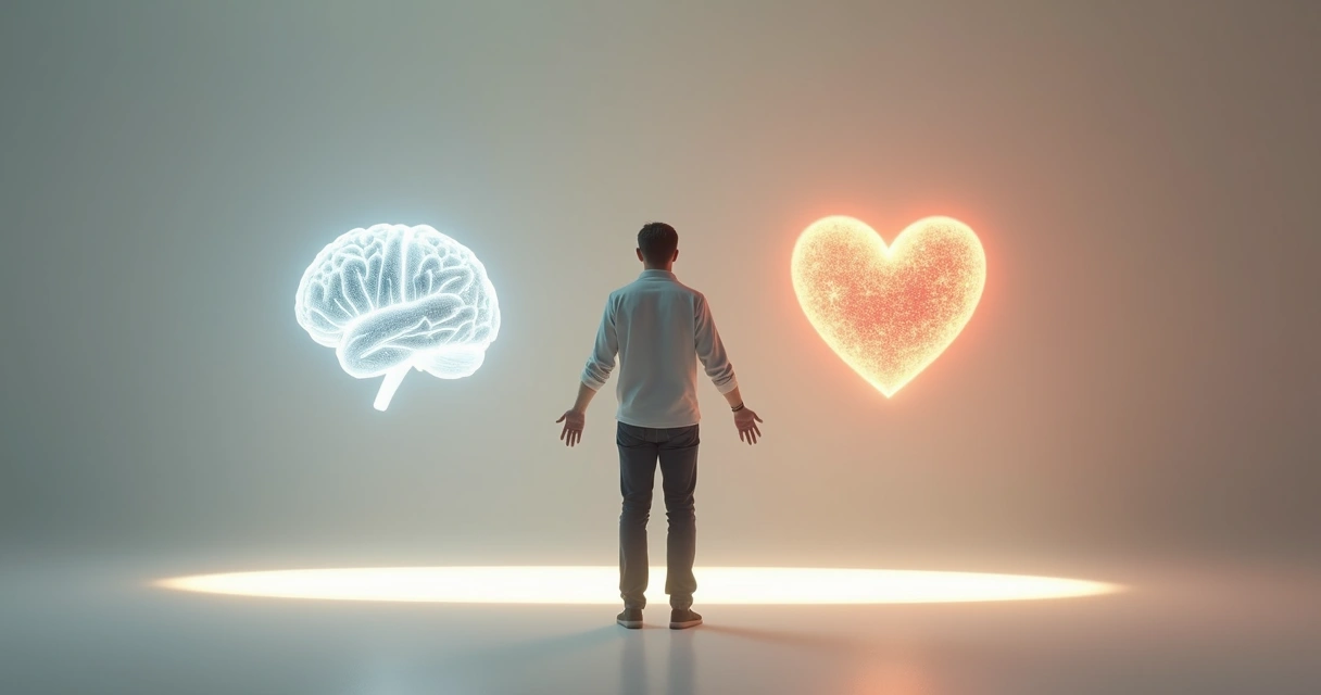 Pessoa em pé entre cérebro e coração equilibrando emoção e razão 