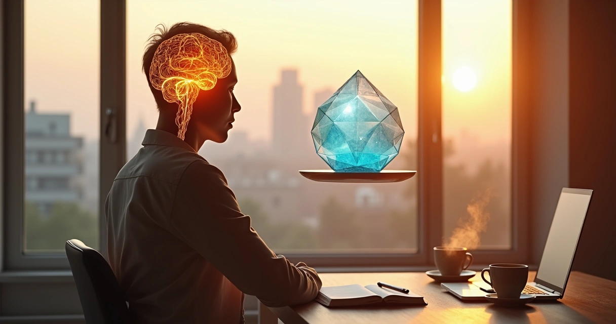 Pessoa equilibrando emoção e razão em uma balança mental 