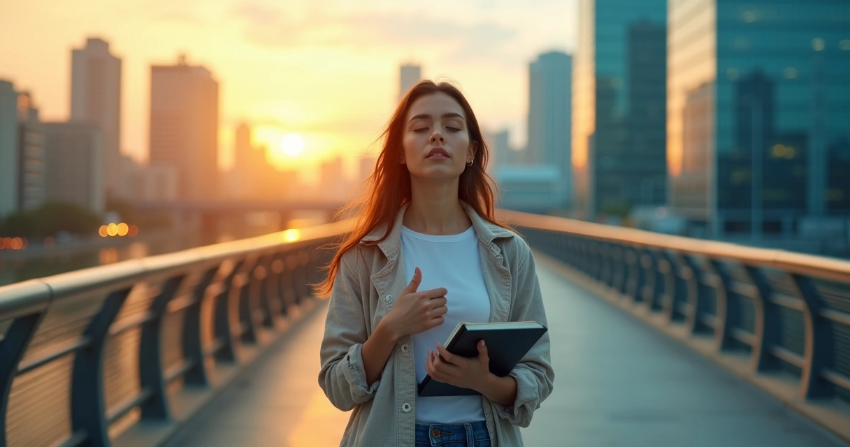 Pessoa em equilíbrio entre emoção e razão em ambiente urbano calmo 