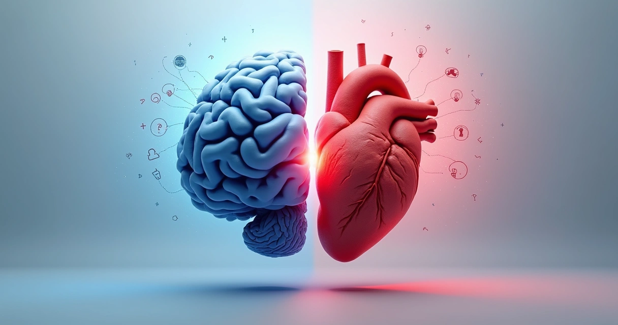 Concepto de equilibrio entre emoción y razón, cerebro y corazón unidos 