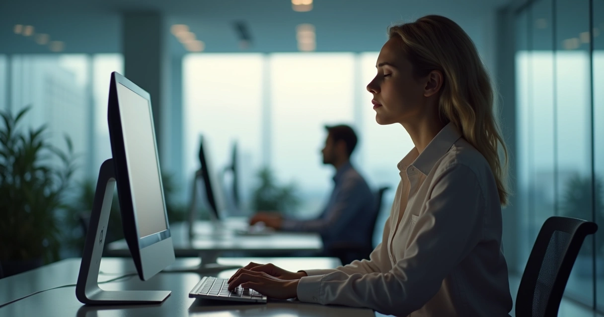 Profissional sentado sozinho à mesa, olhos fechados, em meditação, escritório moderno ao fundo