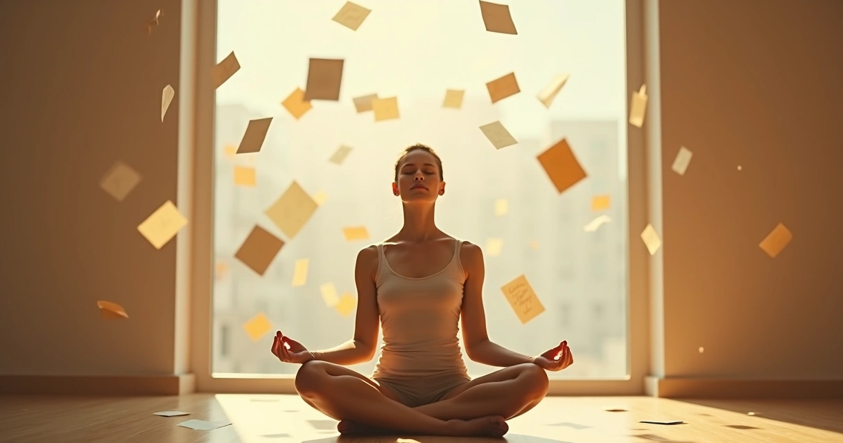 Persona sentada en postura de meditación, rodeada de notas con críticas