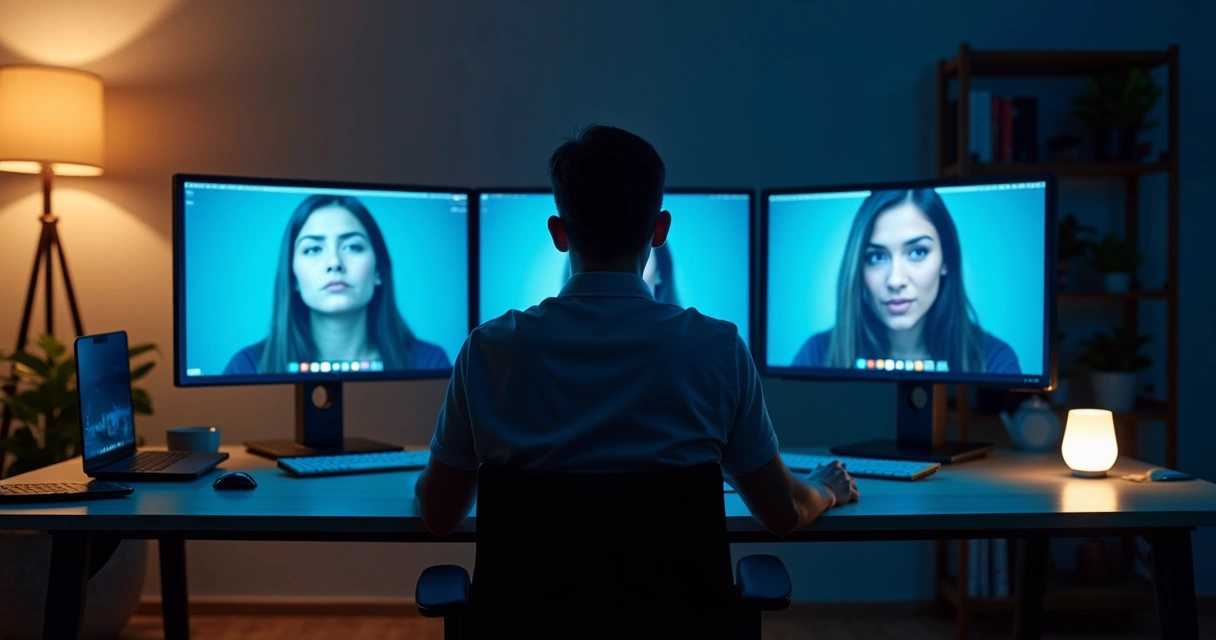 Persona observa su rostro dividido frente a varias pantallas encendidas 
