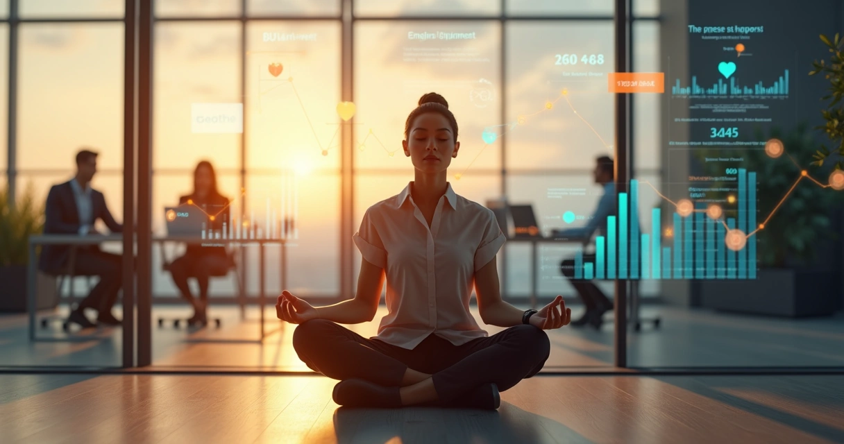 Executivo em meditação com gráficos de desempenho ao fundo 