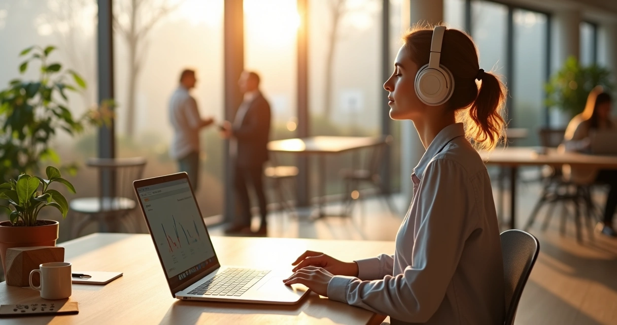 Profissional sentado no escritório usando fones de ouvido enquanto faz uma pausa para respirar fundo 