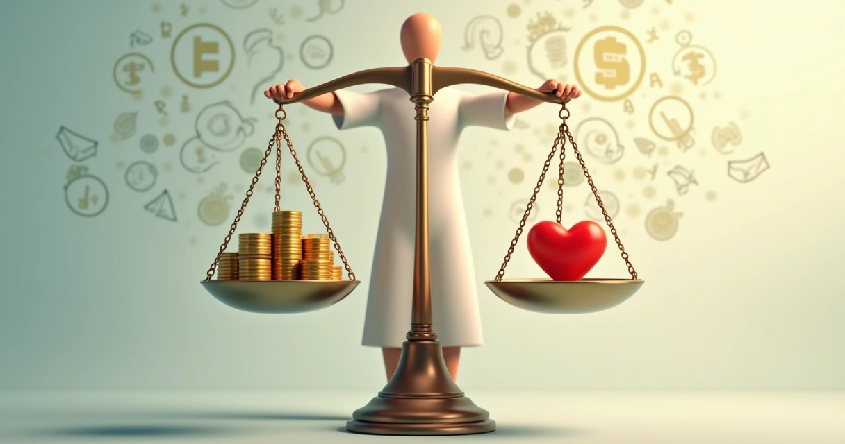 Pessoa segurando balança com moedas de um lado e símbolo de coração do outro 