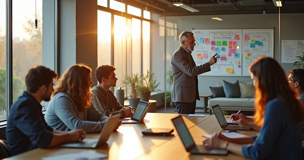 Líder em equilíbrio emocional guiando equipe de inovação em escritório moderno 