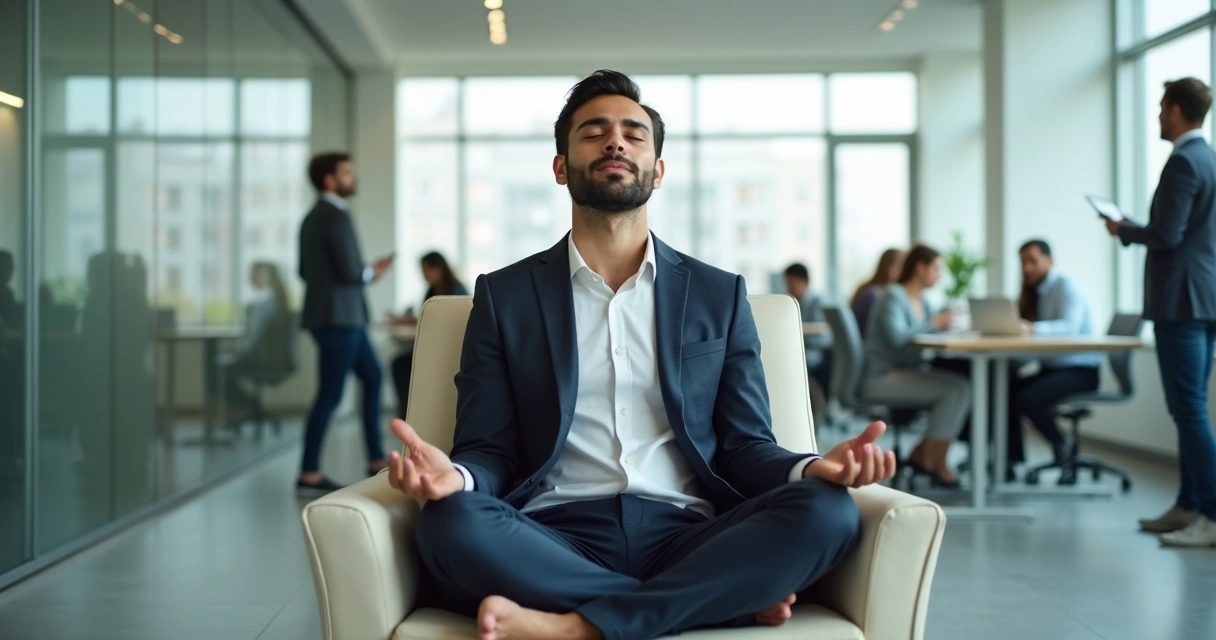 Líder tranquilo meditando en oficina moderna 