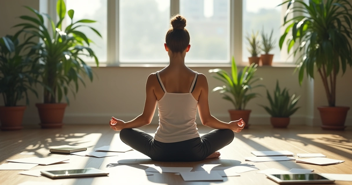 Pessoa em postura de meditação e papéis de decisão ao redor