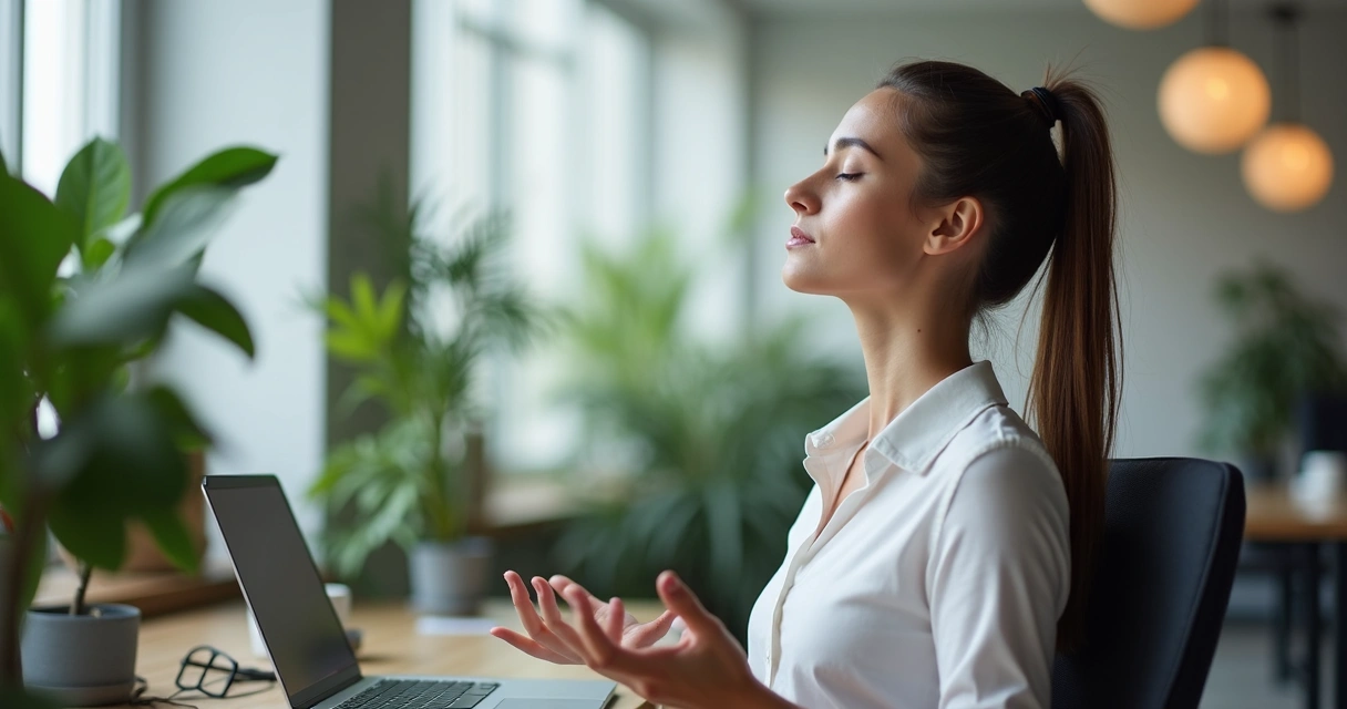 Pessoa sentada à mesa do escritório, olhos fechados meditando, ambiente tranquilo