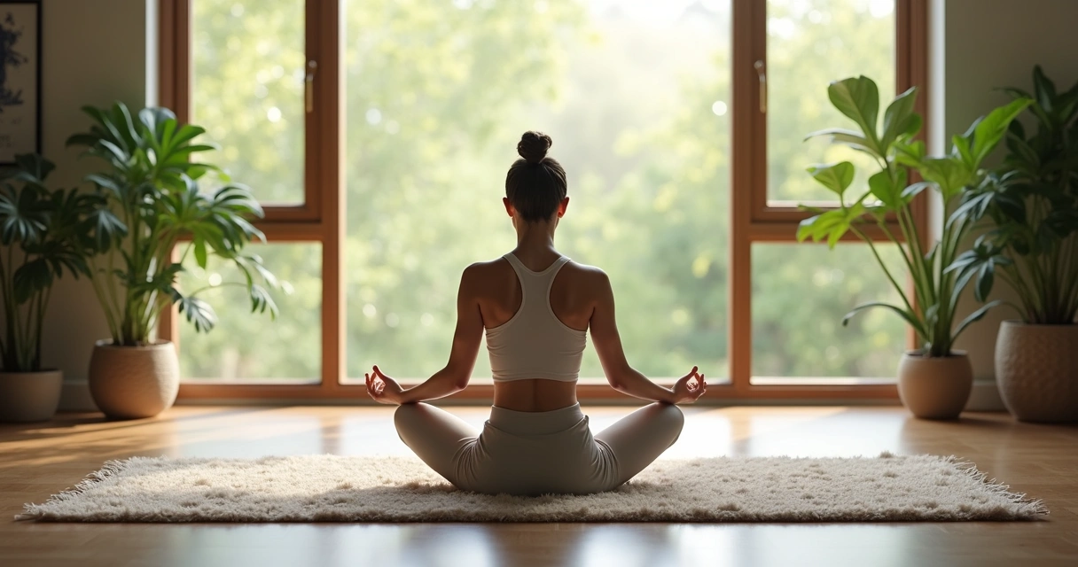 Pessoa meditando em posição de equilíbrio em um ambiente sereno