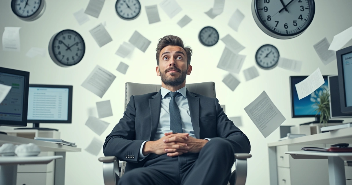 Pessoa sentada em cadeira, com postura confiante em meio a cenário caótico de papéis e relógios 