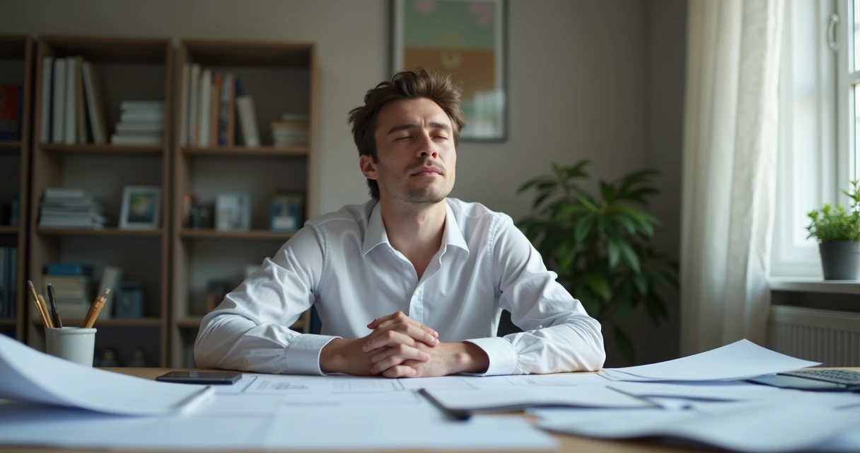 Pessoa adulta de olhos fechados, respiração profunda, sentada à mesa de trabalho com papéis, demonstrando calma interior